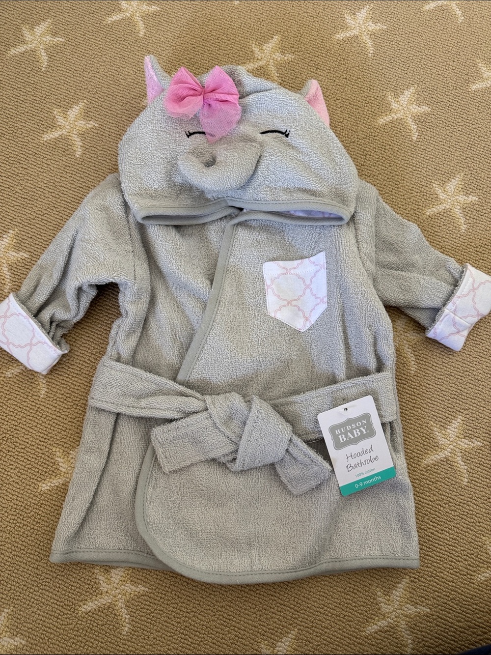 Hudson Baby Gray Elephant Hooded Bathrobe with Pink Accents